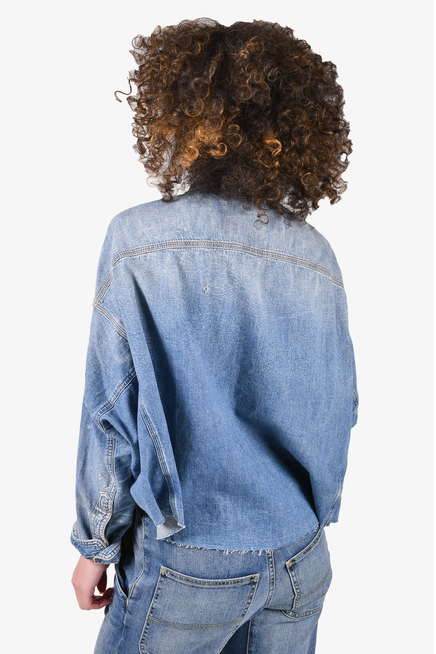 R13 Blue Medium Wash Denim Distressed Collared Button Down Top Size S