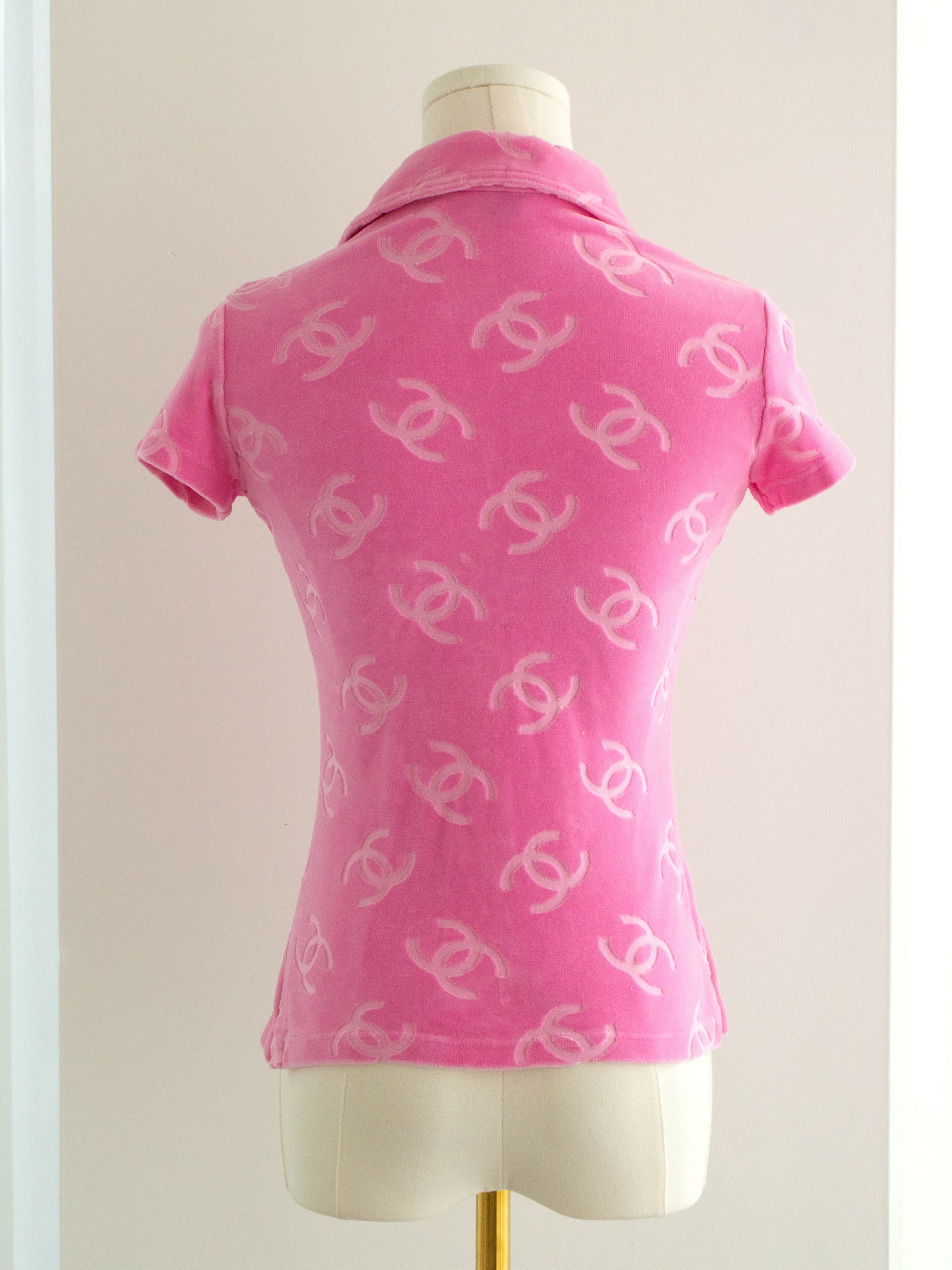 Iconic Chanel Vintage S/S 1996 Pink Velour CC Logo Button 96P Top