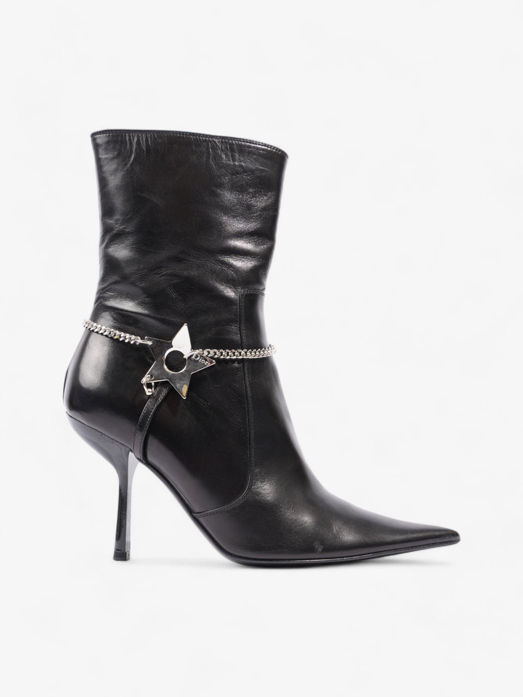 Christian Dior D Star Pointed Heeled Boots 75mm Black / Silver Leather EU 39 UK 6