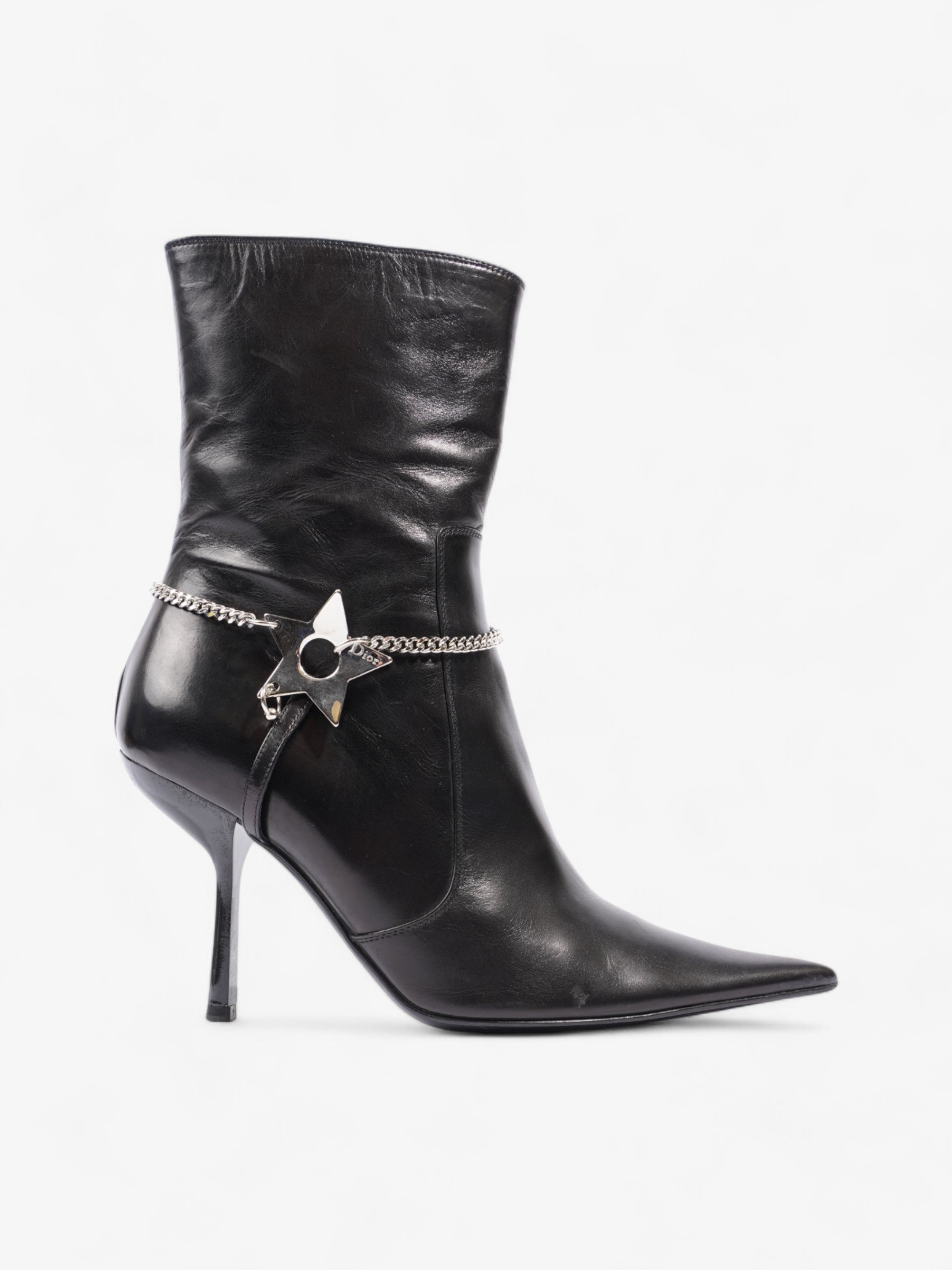 Christian Dior D Star Pointed Heeled Boots 75mm Black / Silver Leather EU 39 UK 6