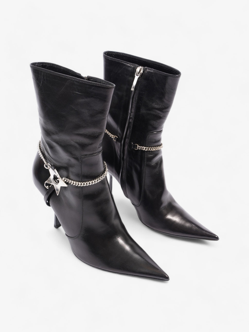 Christian Dior D Star Pointed Heeled Boots 75mm Black / Silver Leather EU 39 UK 6
