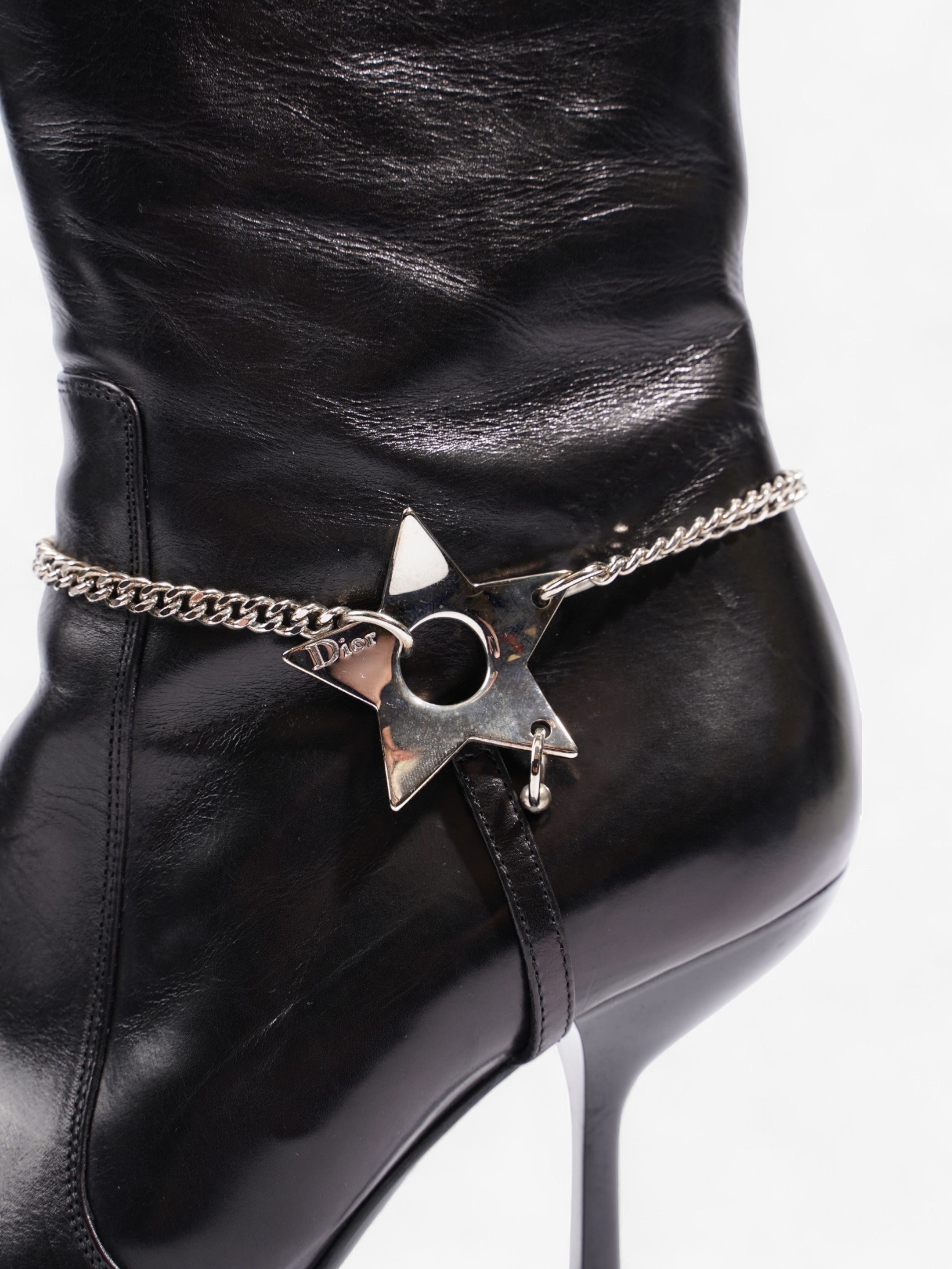 Christian Dior D Star Pointed Heeled Boots 75mm Black / Silver Leather EU 39 UK 6