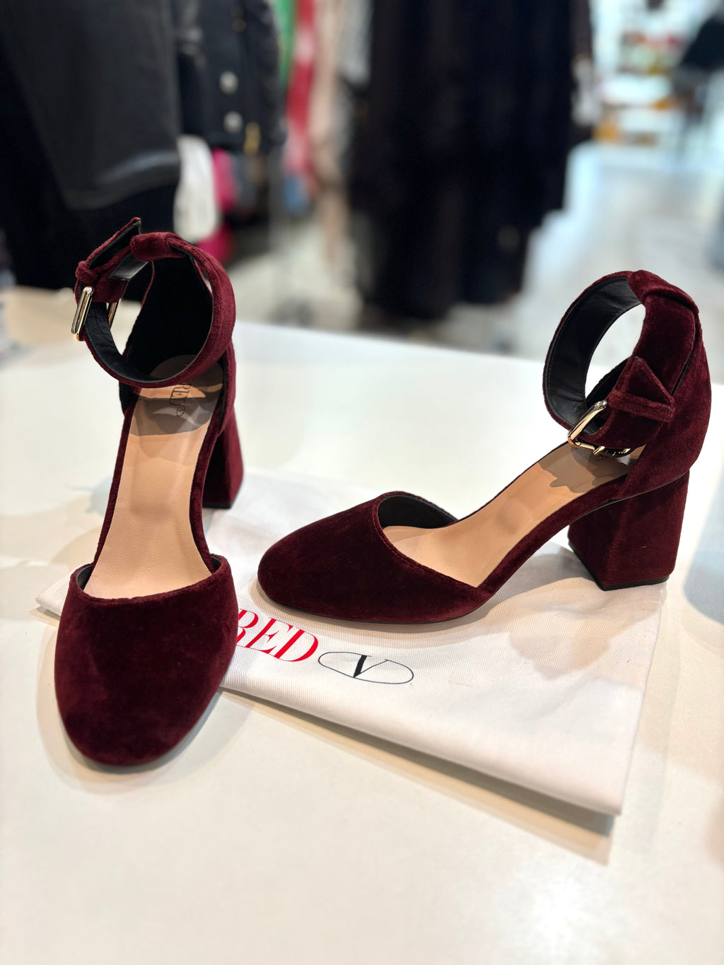 RED VALENTINO VELVET ANKLE STRAP BLOCK HEEL SANDALS