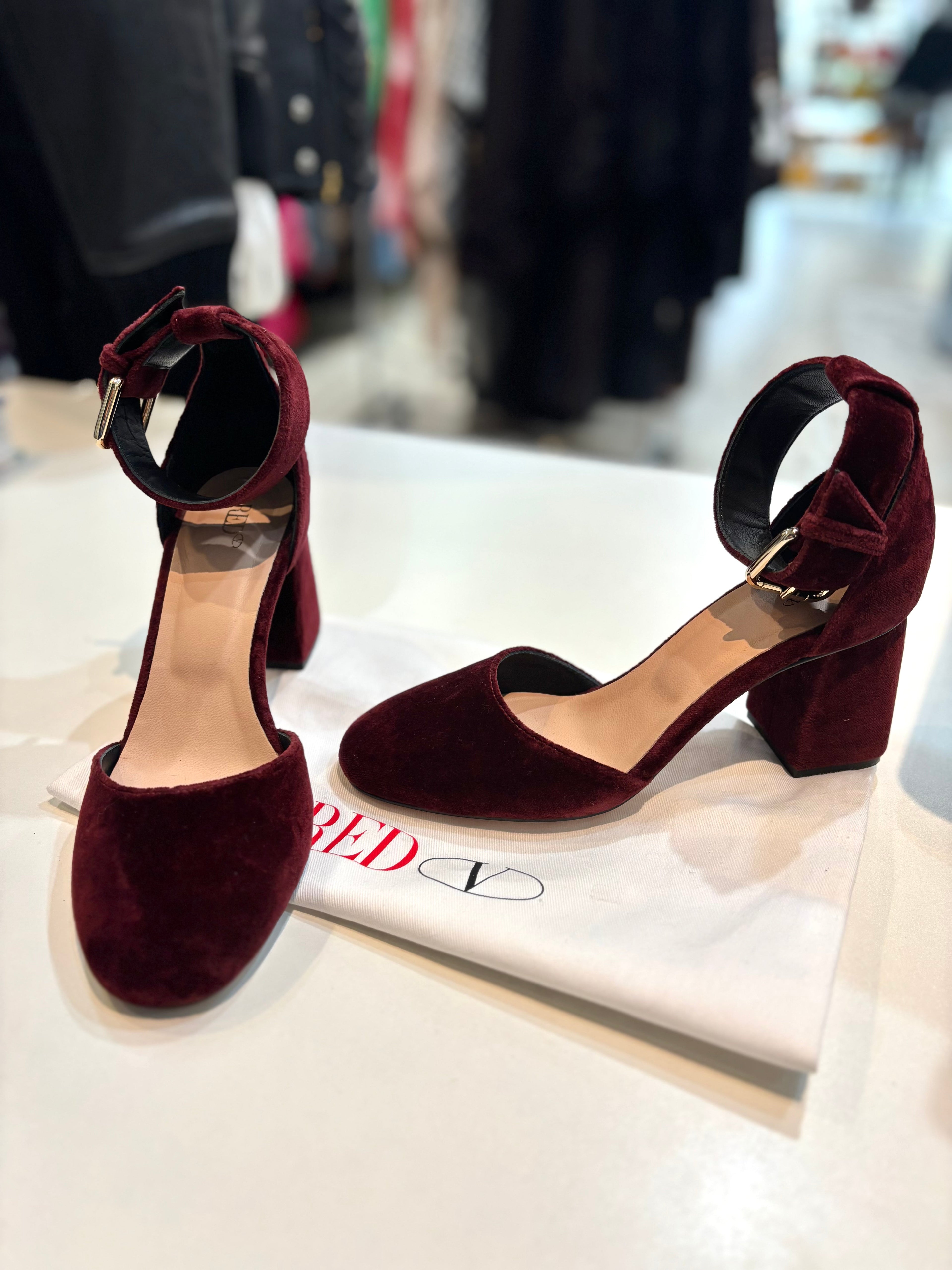 RED VALENTINO VELVET ANKLE STRAP BLOCK HEEL SANDALS
