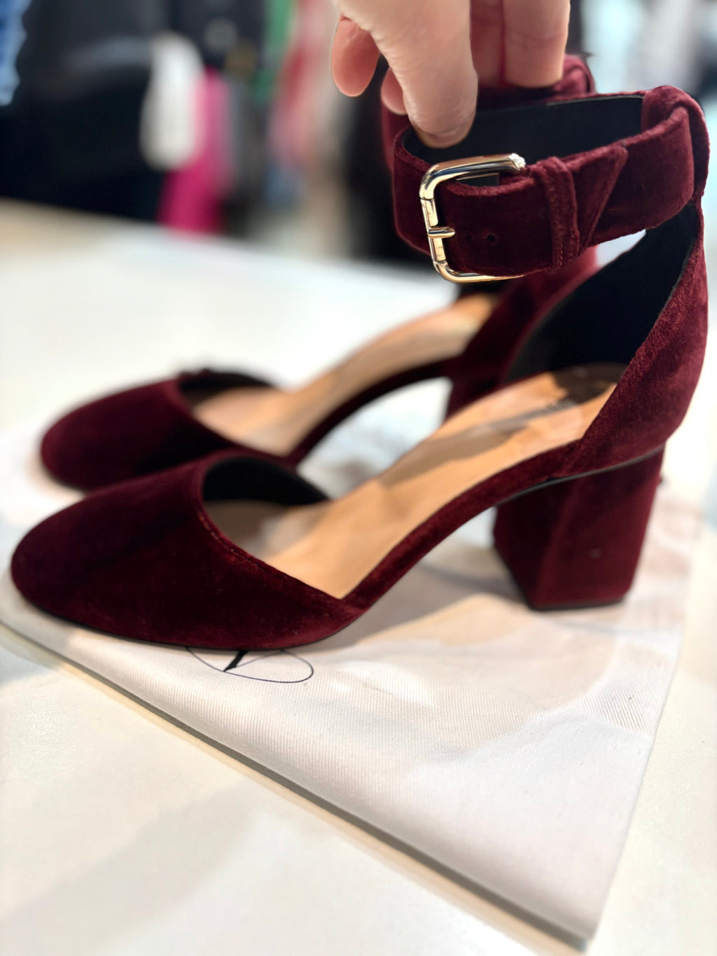 RED VALENTINO VELVET ANKLE STRAP BLOCK HEEL SANDALS