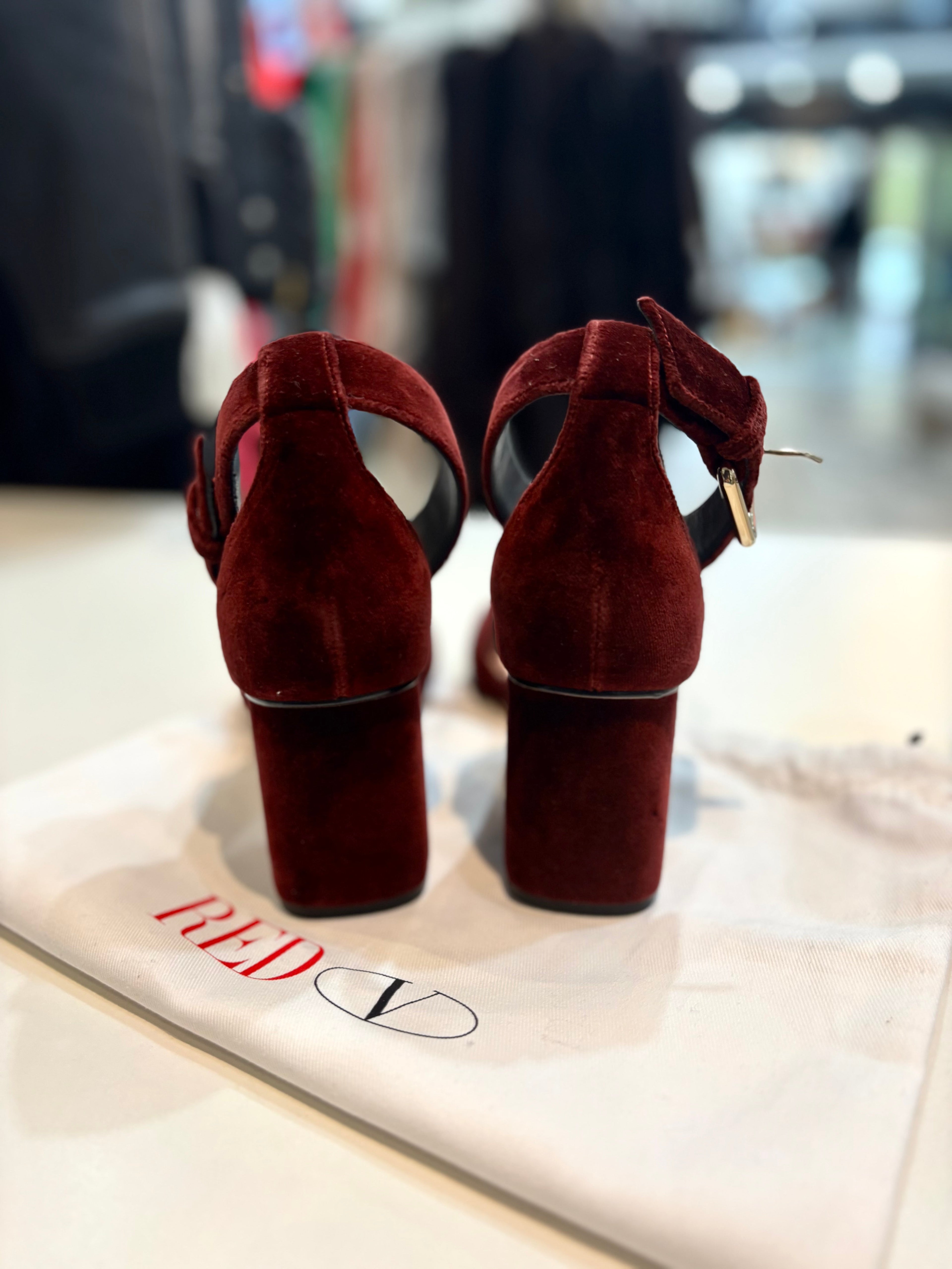 RED VALENTINO VELVET ANKLE STRAP BLOCK HEEL SANDALS