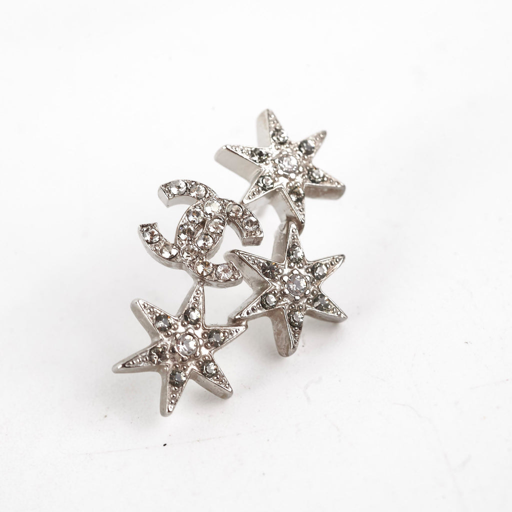 Chanel Star Logo Rhinestone Silver Earrings Costume Jewellery
