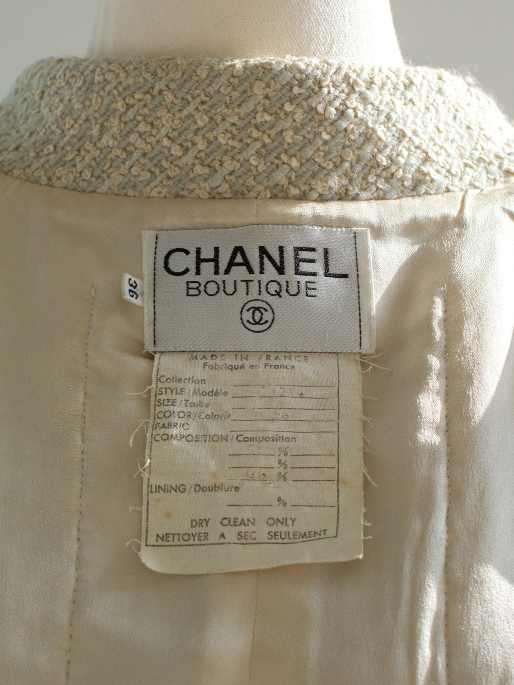 Chanel Vintage S/S1990 Seafood Green Cream Satin Bow Tweed Cropped Jacket