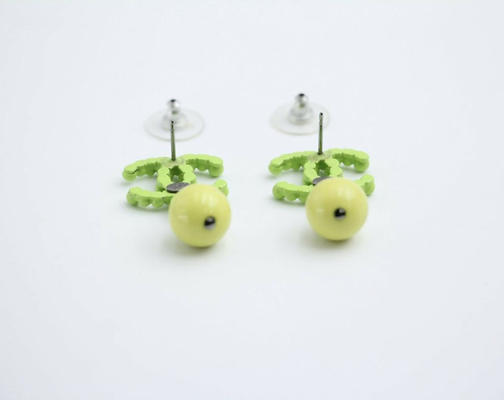 Chanel Vintage 04A Resin Fluorescent Green and Yellow Dangle Stud Earrings
