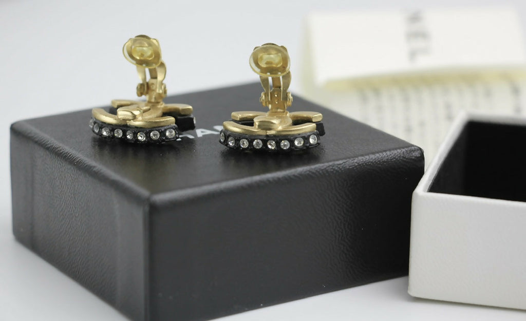 Chanel Vintage 02A Rhinestone Black CC Logo Clip-on Earrings