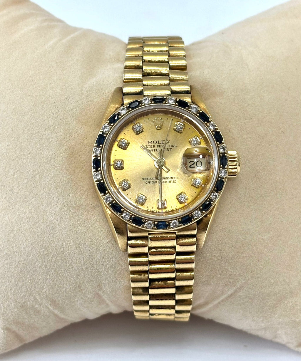 ROLEX DATEJUST 18K GOLD DIAMOND & SAPPHIRE BEZEL PRESIDENT 26 MM WATCH