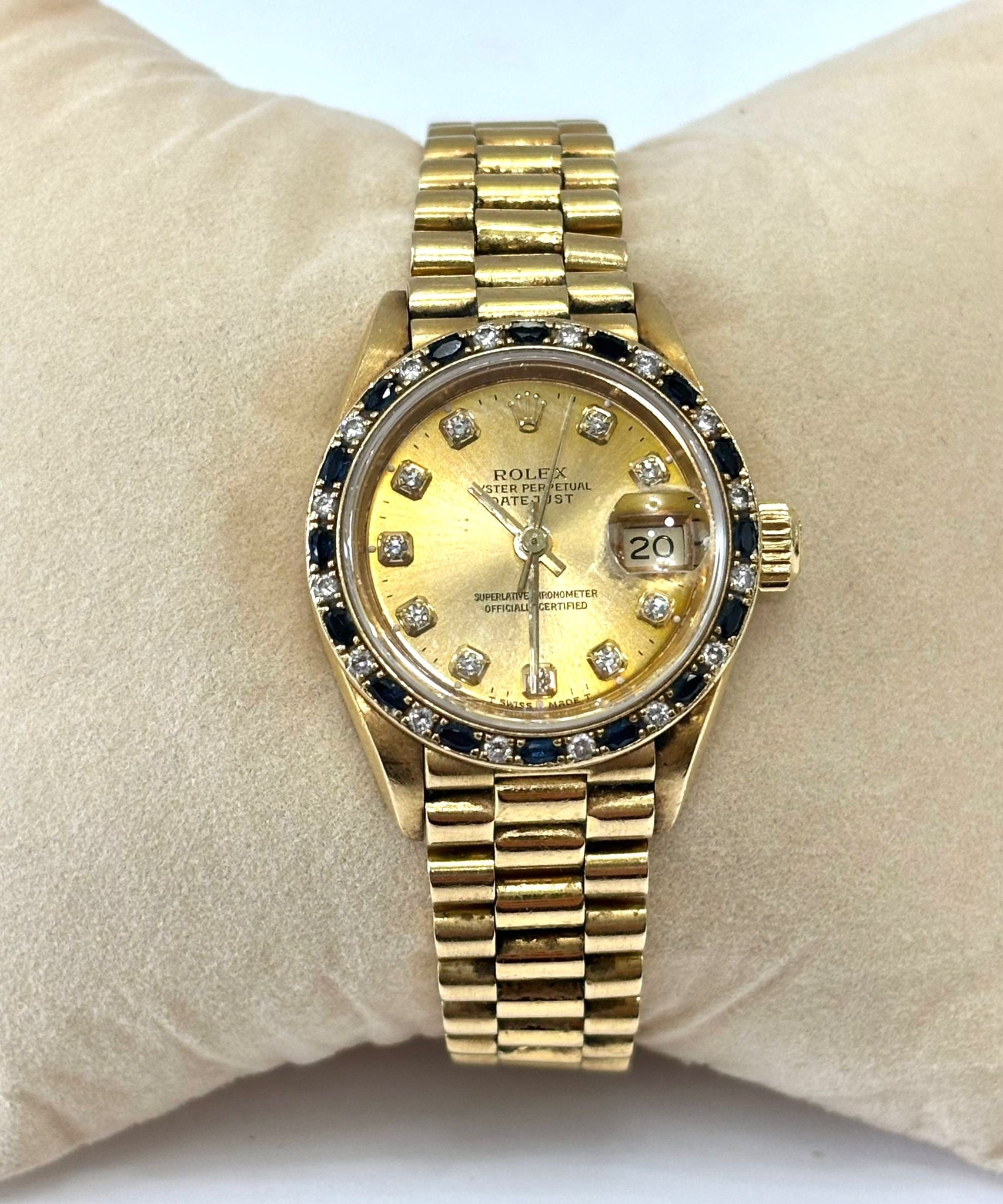 ROLEX DATEJUST 18K GOLD DIAMOND & SAPPHIRE BEZEL PRESIDENT 26 MM WATCH