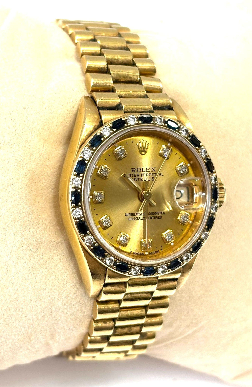 ROLEX DATEJUST 18K GOLD DIAMOND & SAPPHIRE BEZEL PRESIDENT 26 MM WATCH