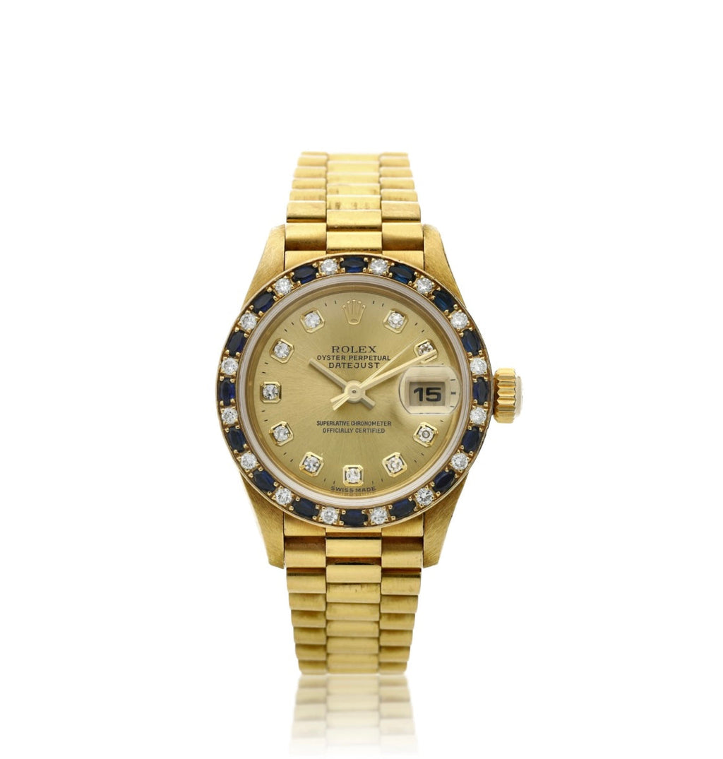 ROLEX DATEJUST 18K GOLD DIAMOND & SAPPHIRE BEZEL PRESIDENT 26 MM WATCH