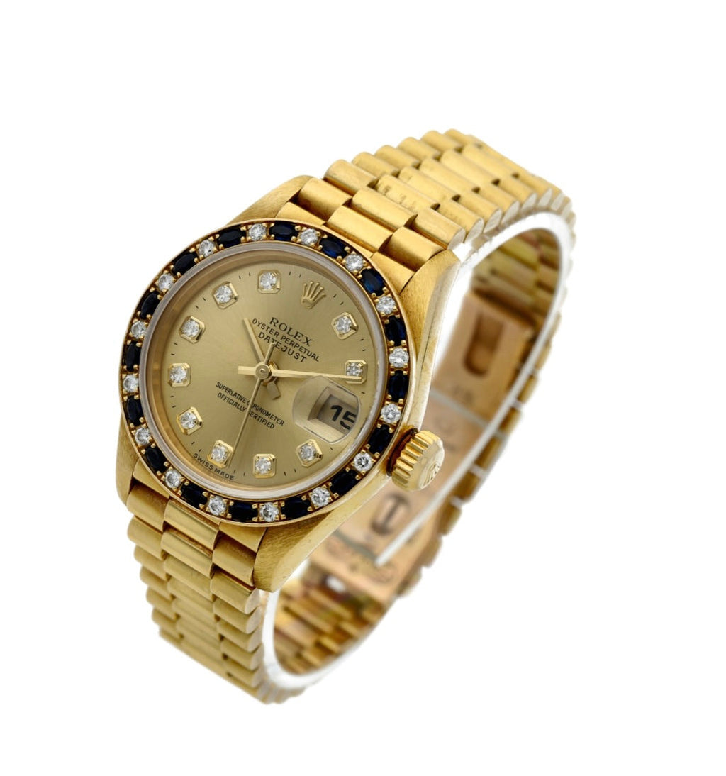 ROLEX DATEJUST 18K GOLD DIAMOND & SAPPHIRE BEZEL PRESIDENT 26 MM WATCH
