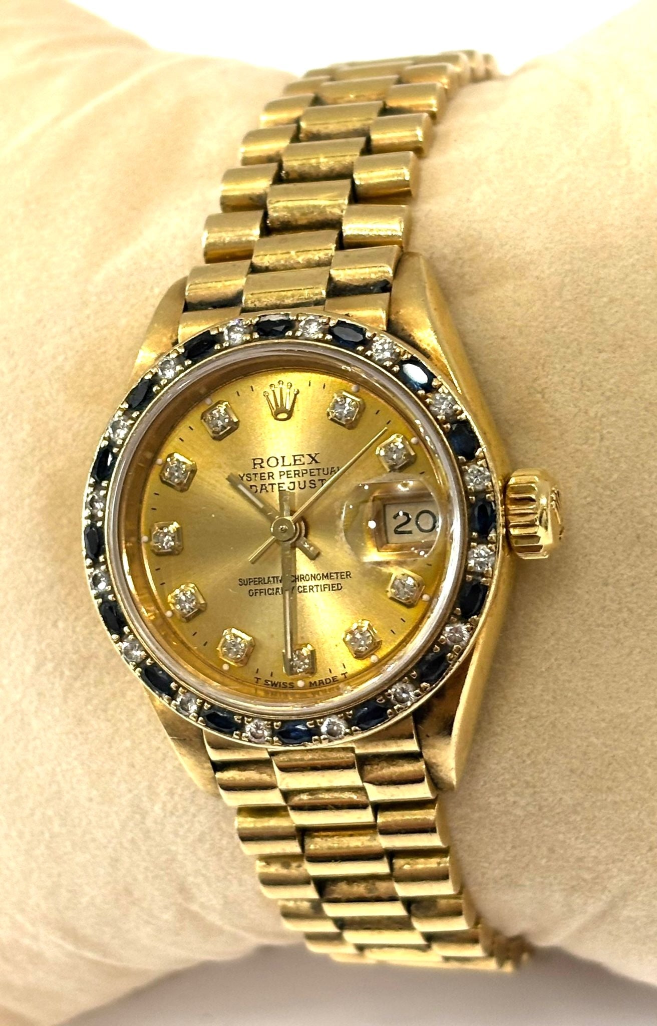ROLEX DATEJUST 18K GOLD DIAMOND & SAPPHIRE BEZEL PRESIDENT 26 MM WATCH