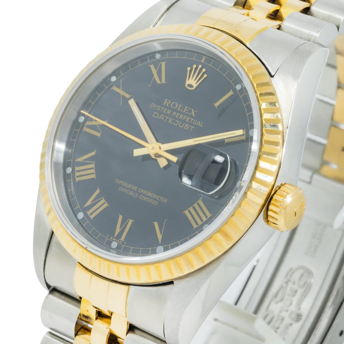 ROLEX OYSTER PERPETUAL DATEJUST 18K GOLD TWO-TONE BLUE ROMAN DIAL WATCH