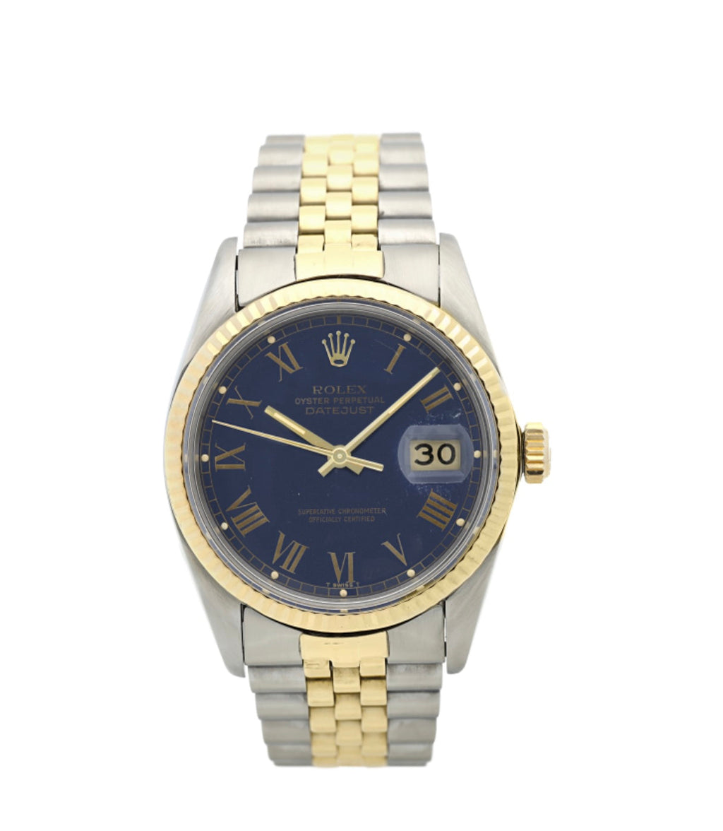 ROLEX OYSTER PERPETUAL DATEJUST 18K GOLD TWO-TONE BLUE ROMAN DIAL WATCH