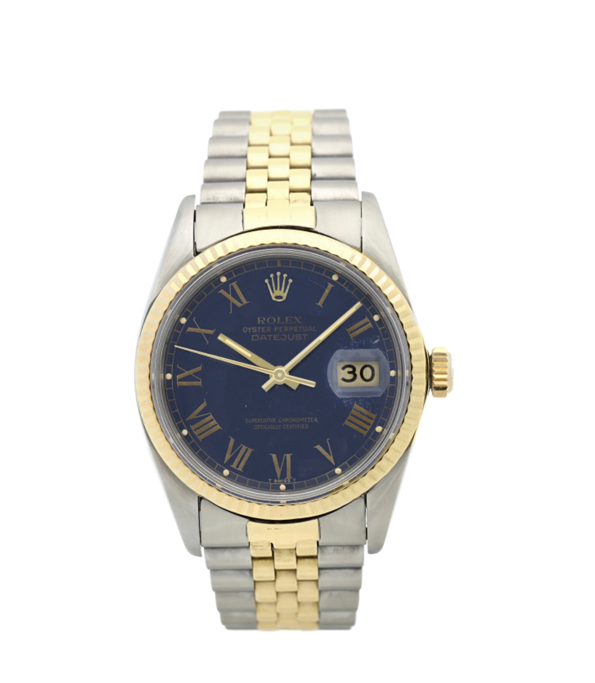 ROLEX OYSTER PERPETUAL DATEJUST 18K GOLD TWO-TONE BLUE ROMAN DIAL WATCH