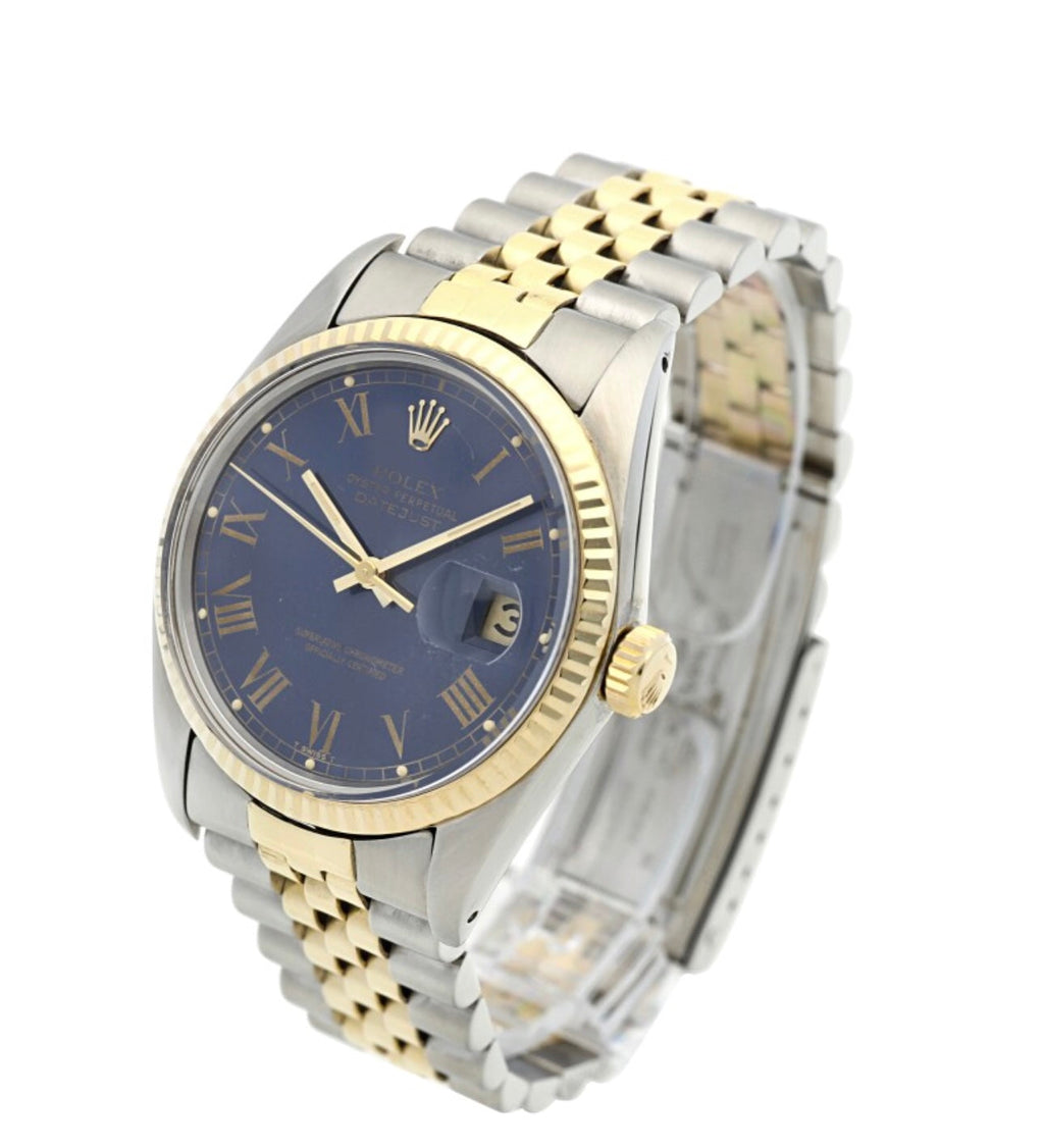 ROLEX OYSTER PERPETUAL DATEJUST 18K GOLD TWO-TONE BLUE ROMAN DIAL WATCH