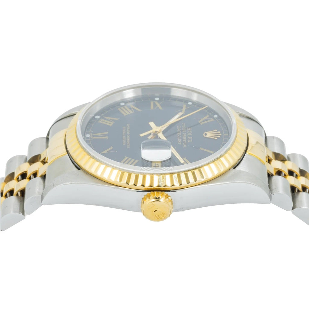 ROLEX OYSTER PERPETUAL DATEJUST 18K GOLD TWO-TONE BLUE ROMAN DIAL WATCH