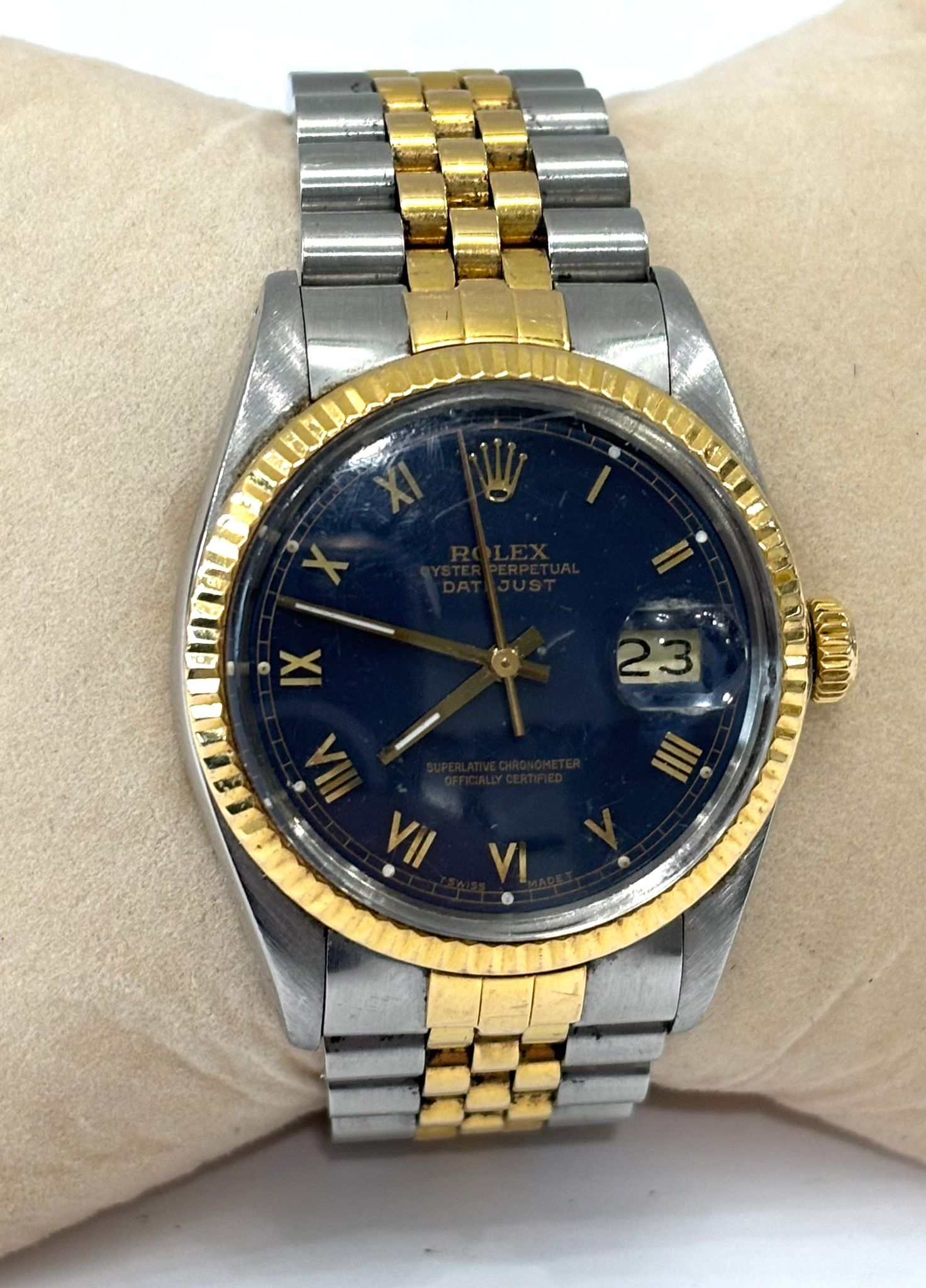 ROLEX OYSTER PERPETUAL DATEJUST 18K GOLD TWO-TONE BLUE ROMAN DIAL WATCH