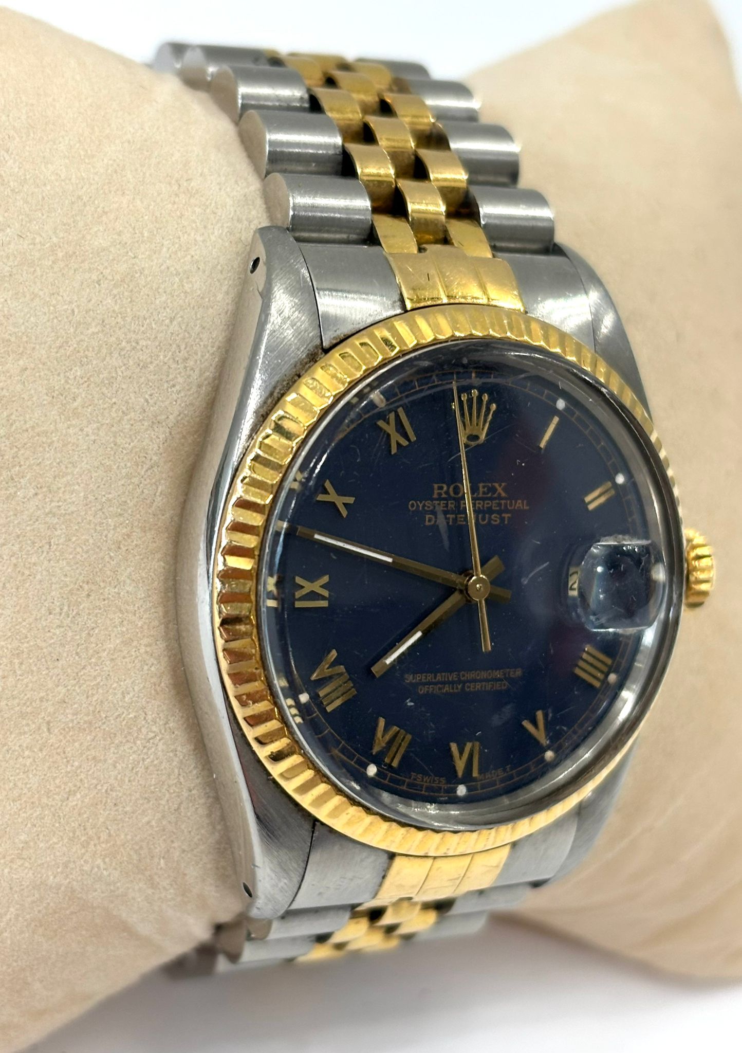 ROLEX OYSTER PERPETUAL DATEJUST 18K GOLD TWO-TONE BLUE ROMAN DIAL WATCH