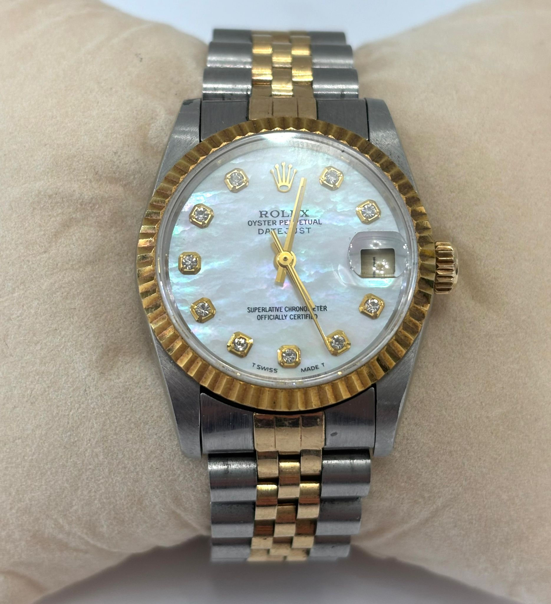 ROLEX DATEJUST 18K YELLOW GOLD TWO-TONE MOP DIAL JUBILEE BAND WATCH