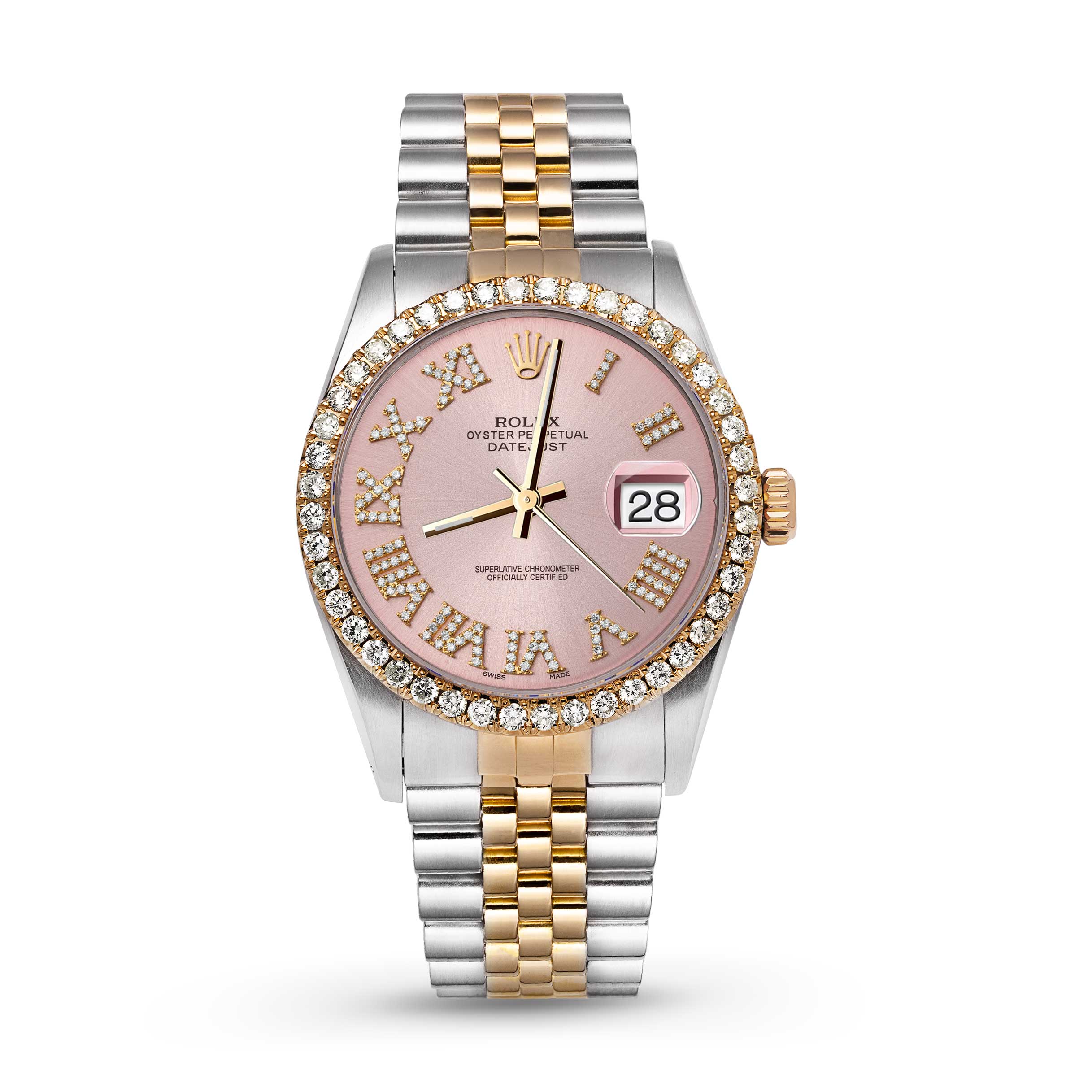 ROLEX DATEJUST DIAMOND BEZEL TWO-TONE PINK ROMAN NUMERAL JUBILEE WATCH