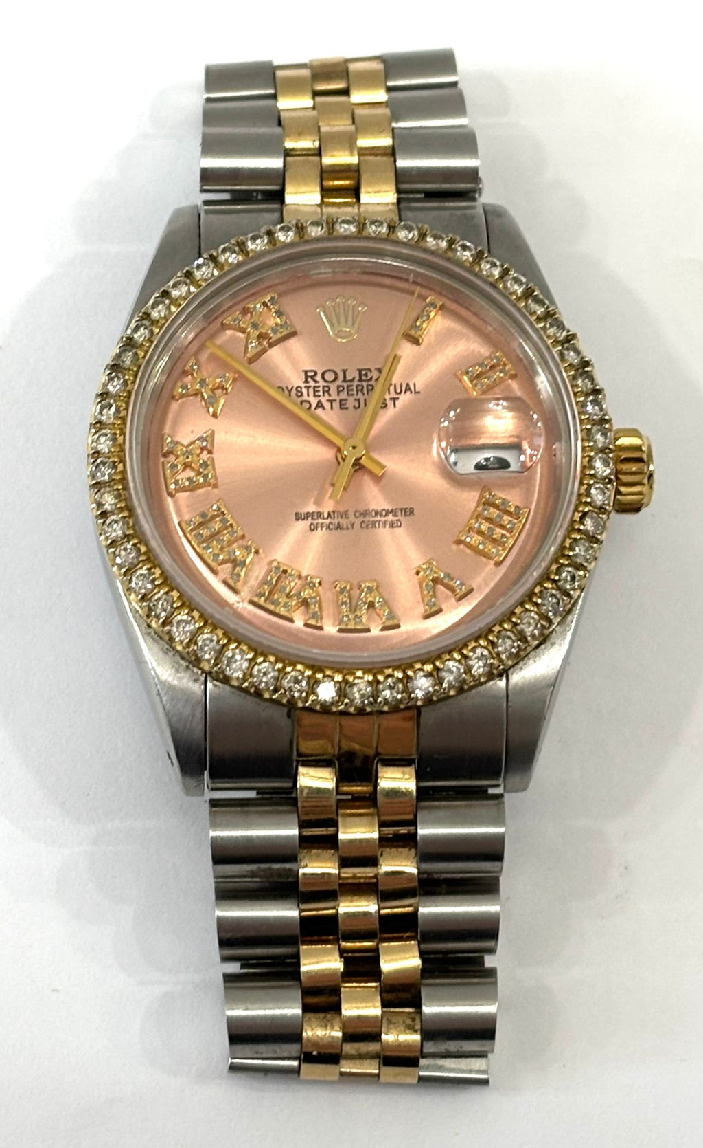 ROLEX DATEJUST DIAMOND BEZEL TWO-TONE PINK ROMAN NUMERAL JUBILEE WATCH