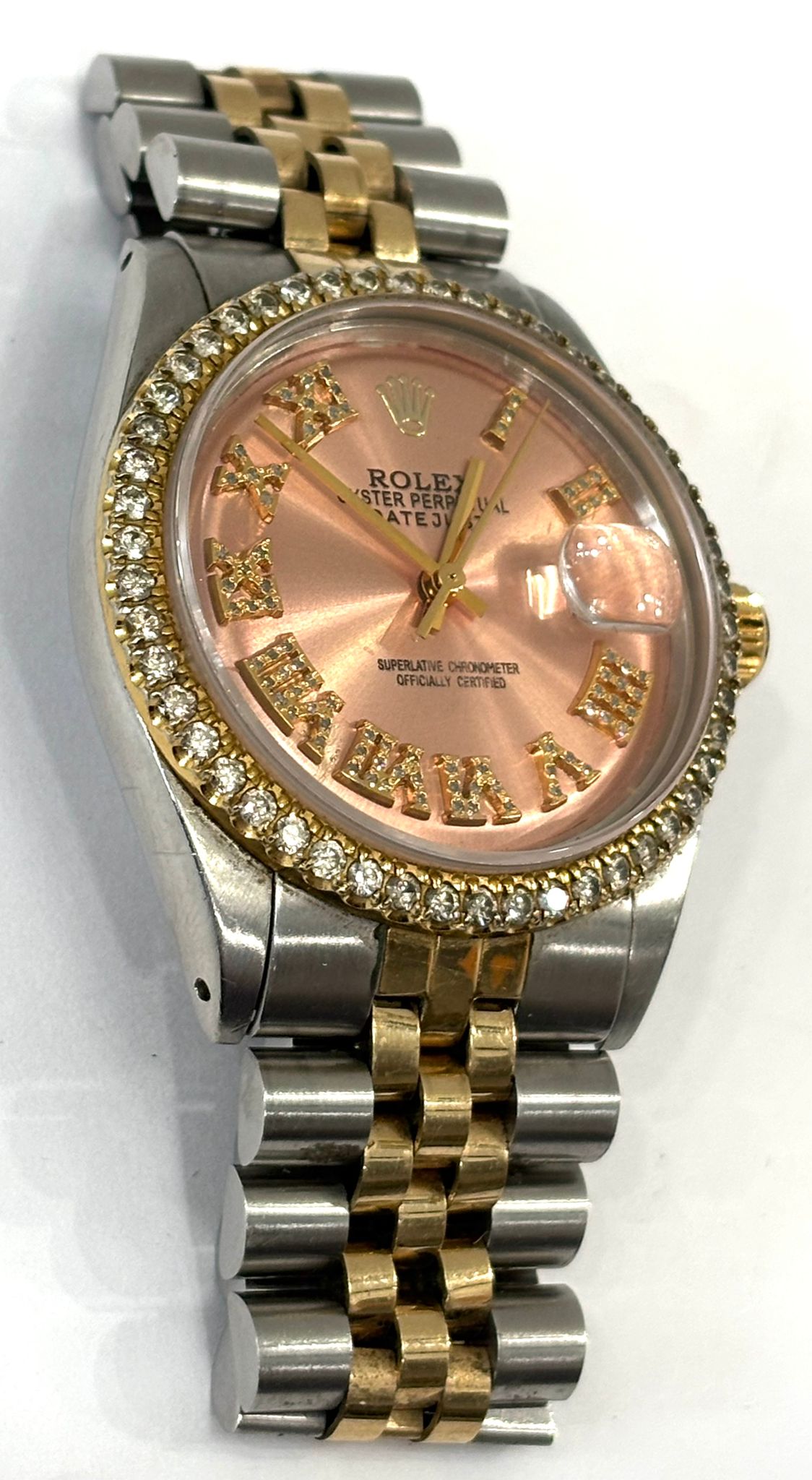 ROLEX DATEJUST DIAMOND BEZEL TWO-TONE PINK ROMAN NUMERAL JUBILEE WATCH