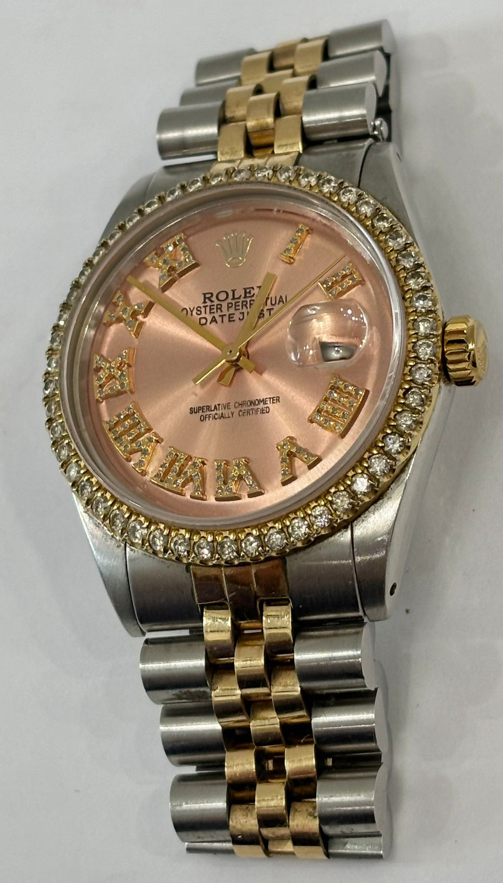 ROLEX DATEJUST DIAMOND BEZEL TWO-TONE PINK ROMAN NUMERAL JUBILEE WATCH
