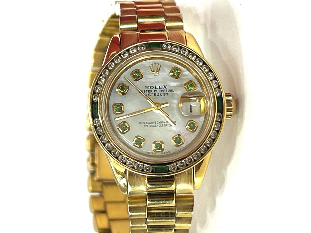 ROLEX PRESIDENTIAL 18K 28MM WITH CUSTOM AFTERMARKET DIAMOND AND EMERALD BEZEL MOP FACE