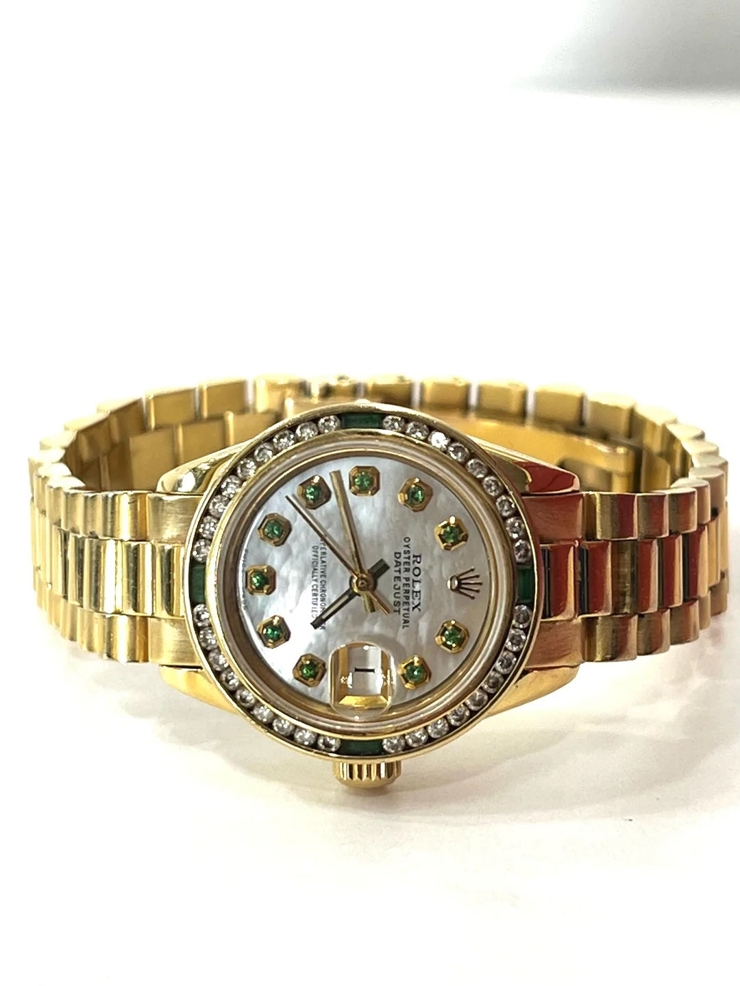 ROLEX PRESIDENTIAL 18K 28MM WITH CUSTOM AFTERMARKET DIAMOND AND EMERALD BEZEL MOP FACE