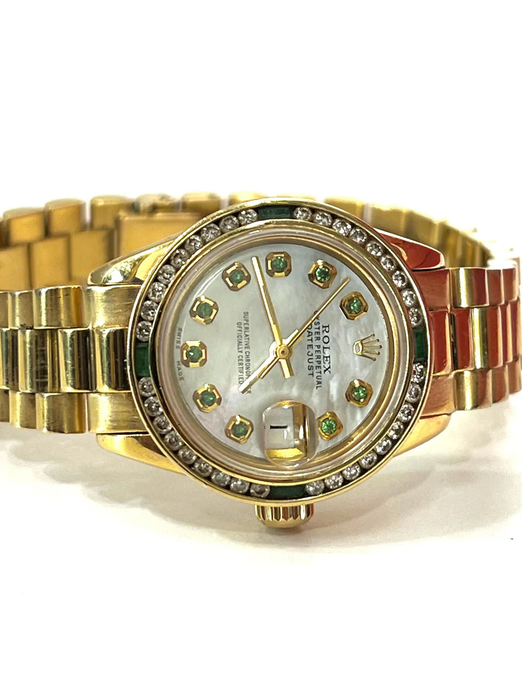 ROLEX PRESIDENTIAL 18K 28MM WITH CUSTOM AFTERMARKET DIAMOND AND EMERALD BEZEL MOP FACE