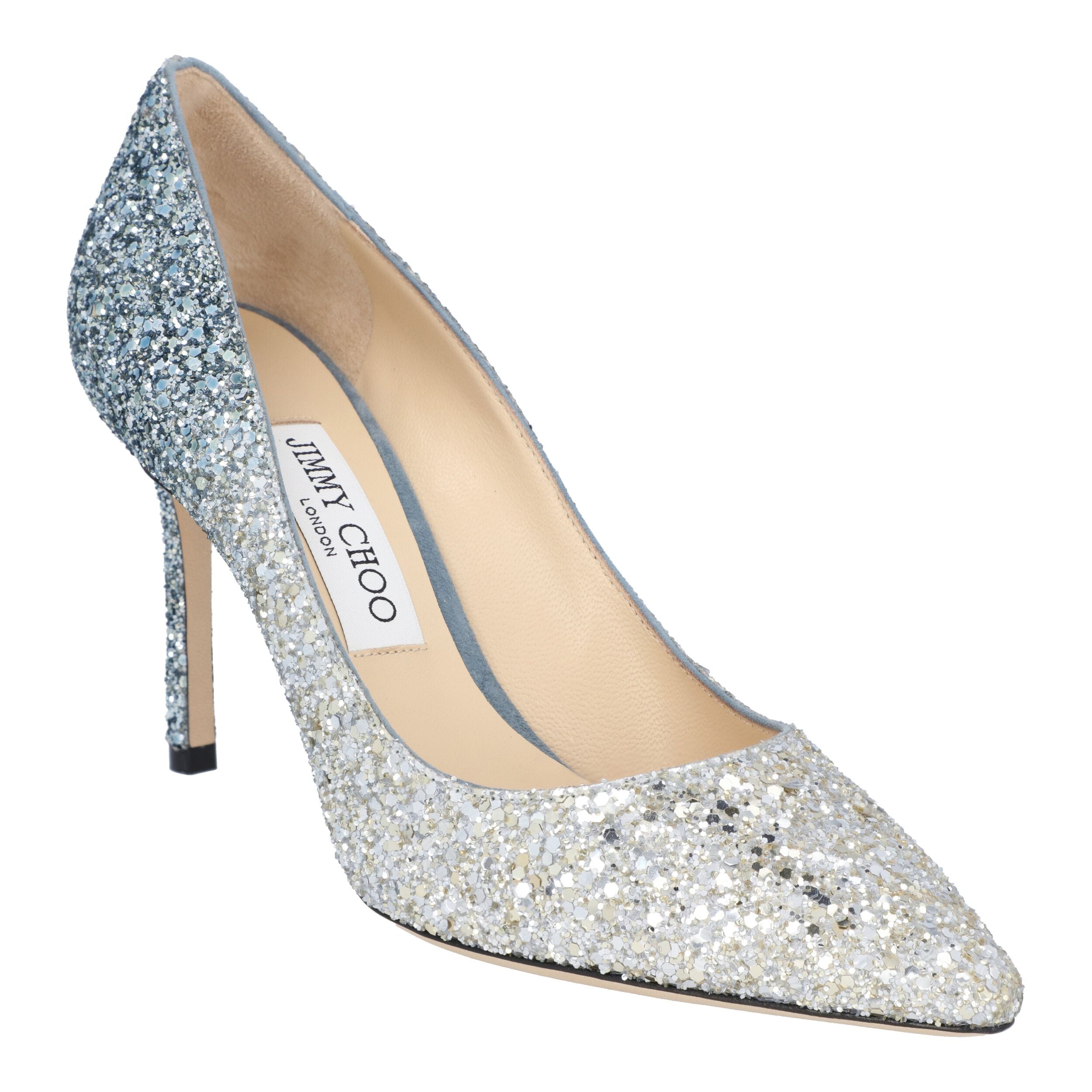 Women's Jimmy Choo women Romy 85 silver and dusk blue glitter pumps