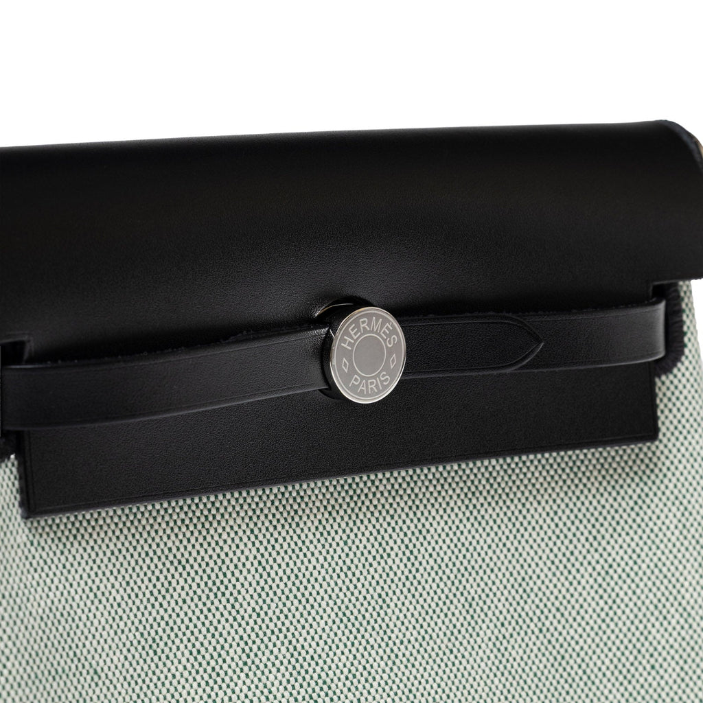 Hermès Mini Herbag Zip 20 Black Ecru/Vert Moyen Toile Palladium Hardware