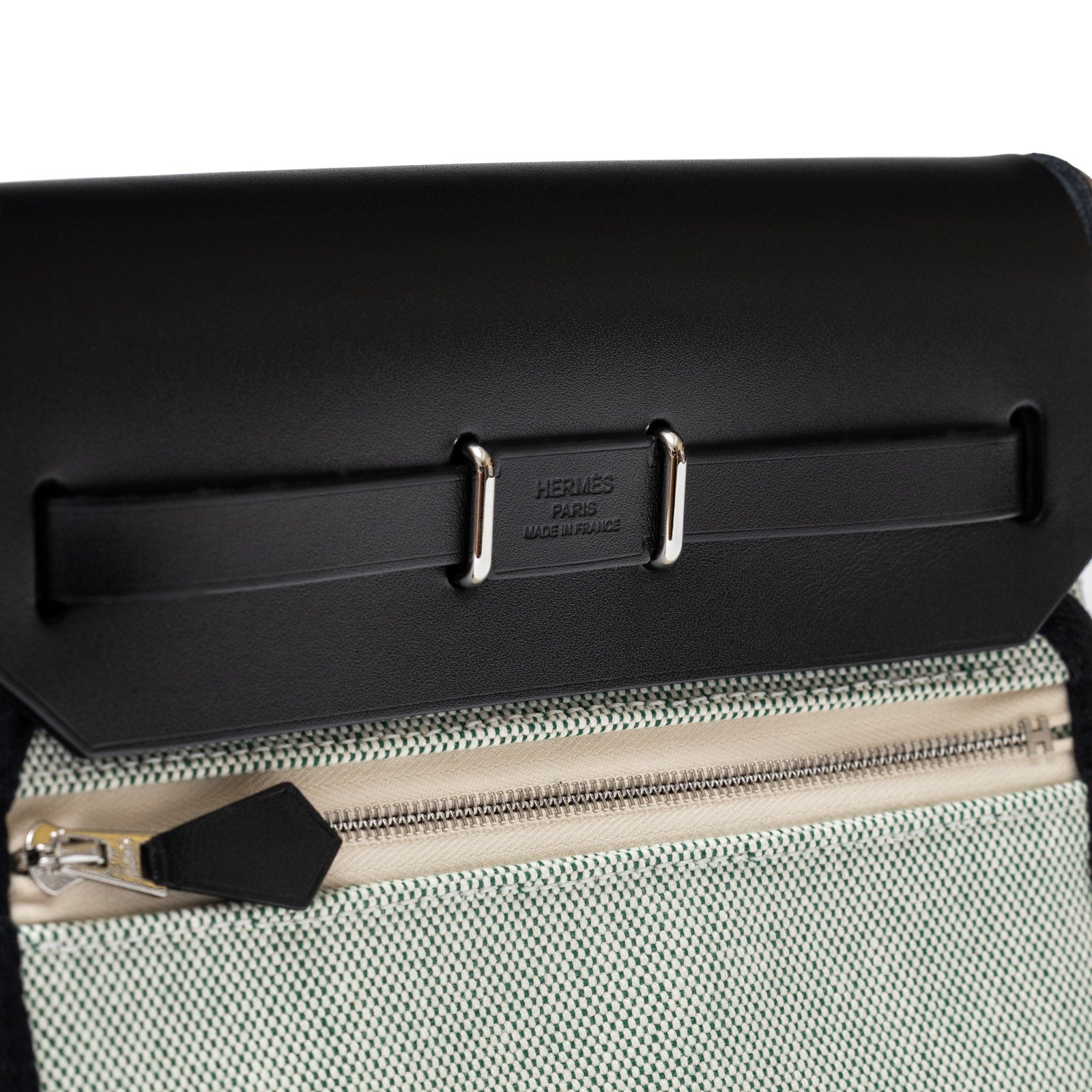 Hermès Mini Herbag Zip 20 Black Ecru/Vert Moyen Toile Palladium Hardware
