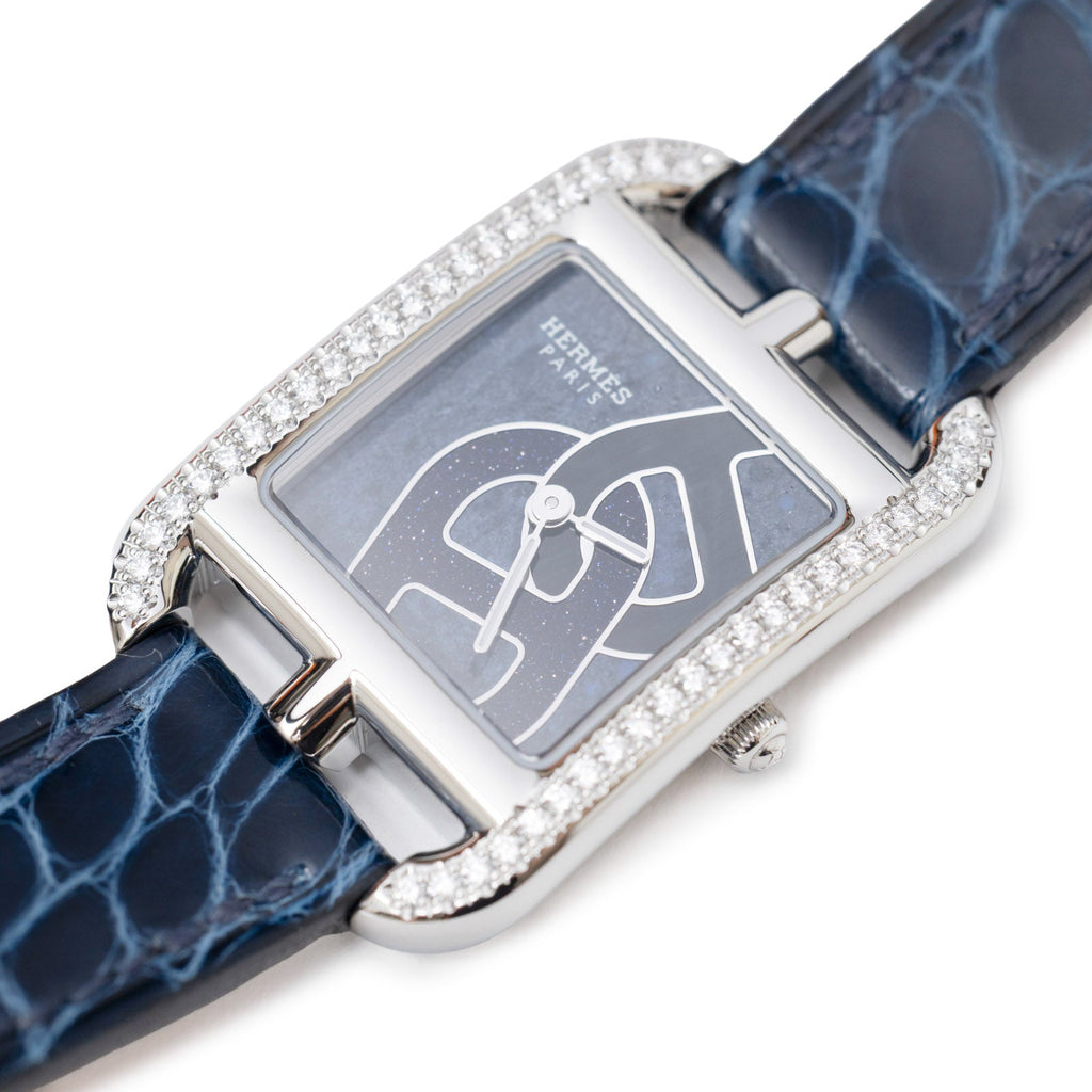 Hermès Cape Cod Diamond Watch Small Model 31mm Steel/Shiny Alligator Blue Saphir