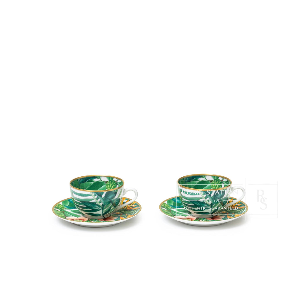 Hermès Passifolia Porcelain Tea Cup and Saucer Green & White 24K Gold & Porcelain Set of 2