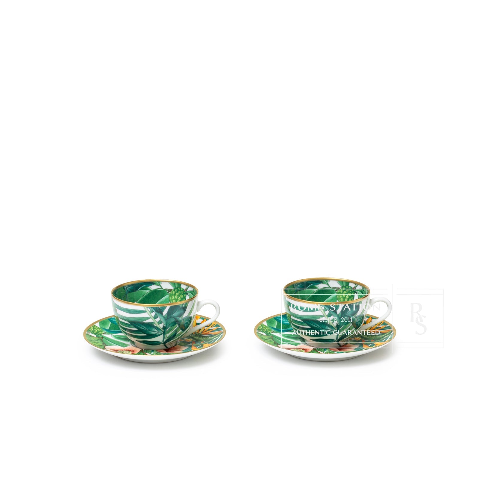 Hermès Passifolia Porcelain Tea Cup and Saucer Green & White 24K Gold & Porcelain Set of 2