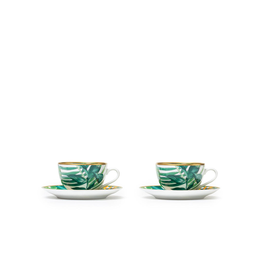 Hermès Passifolia Porcelain Tea Cup and Saucer Green & White 24K Gold & Porcelain Set of 2