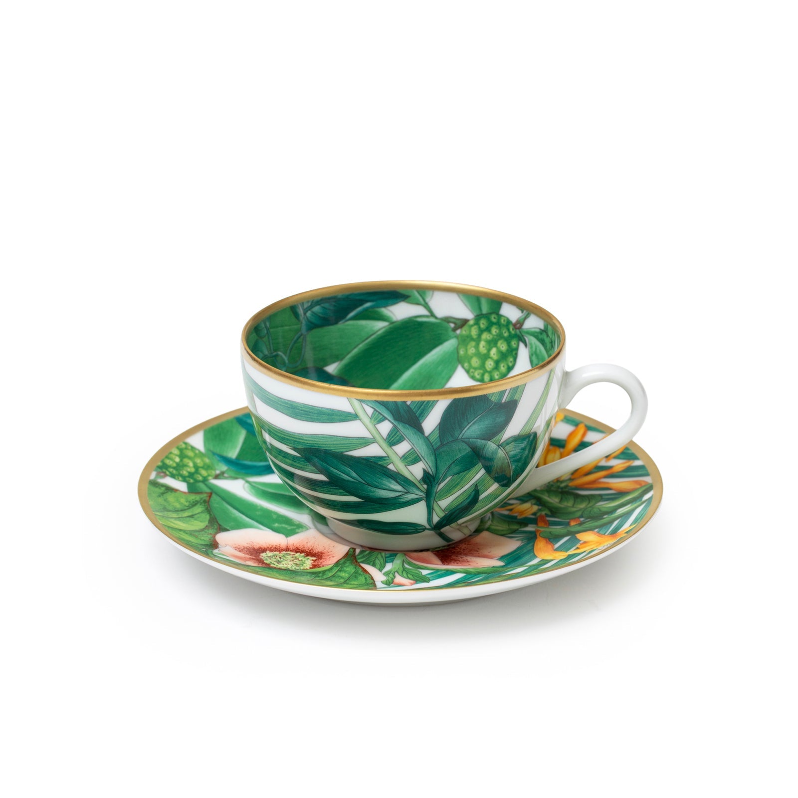 Hermès Passifolia Porcelain Tea Cup and Saucer Green & White 24K Gold & Porcelain Set of 2