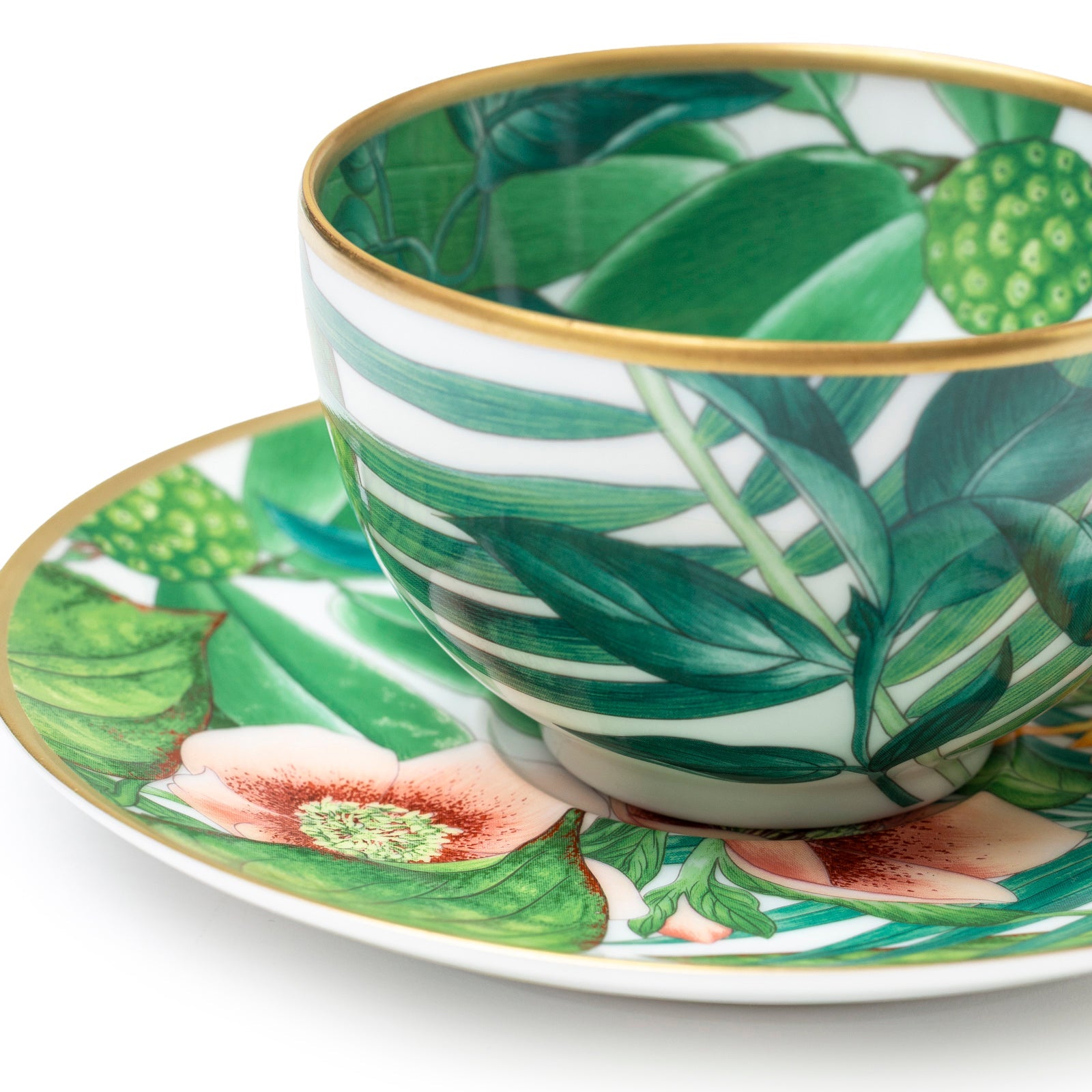 Hermès Passifolia Porcelain Tea Cup and Saucer Green & White 24K Gold & Porcelain Set of 2