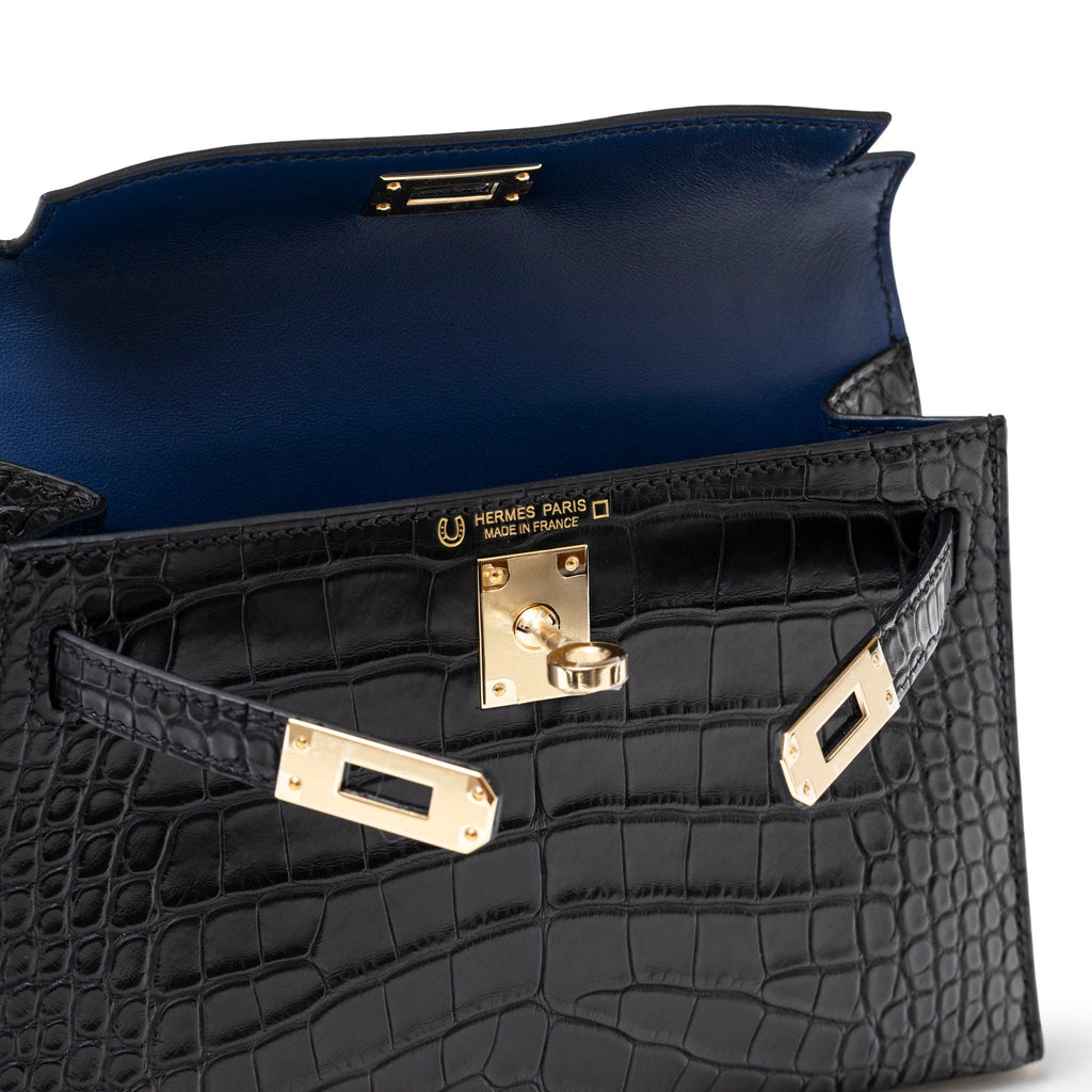 Hermès Special Order HSS Horseshoe Mini Kelly II Black/Blue Matte Alligator Permabrass Hardware