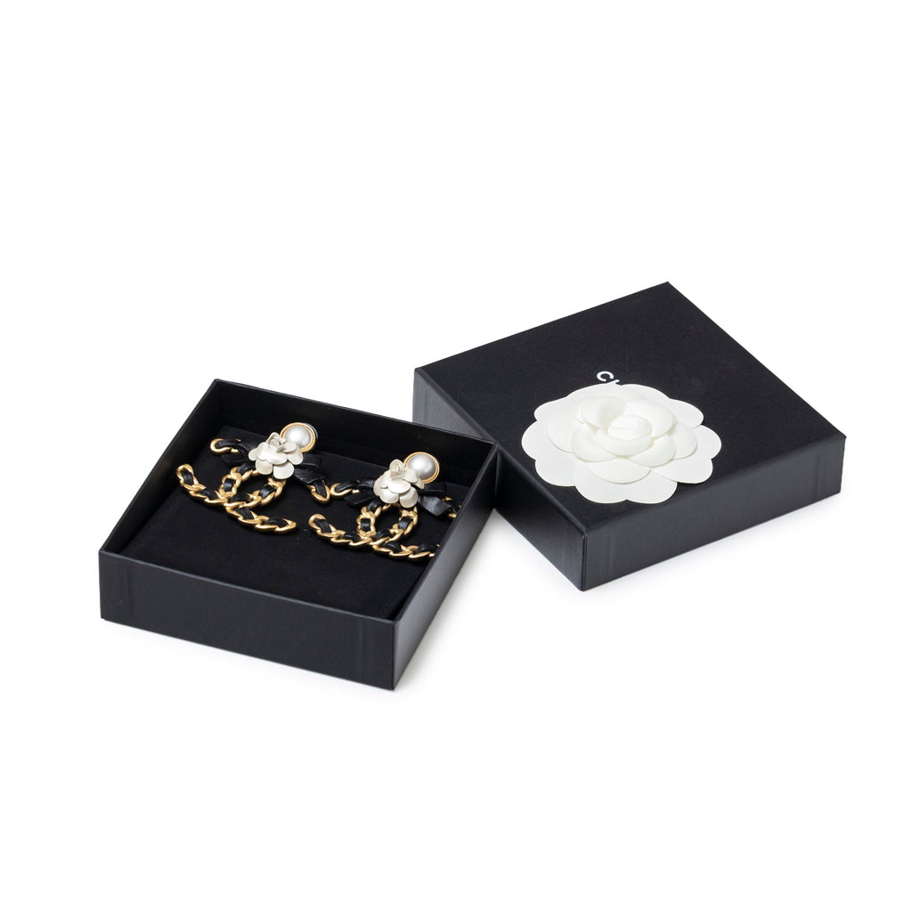 Chanel Black Bow With Camellia CC Earrings Gold Hardware