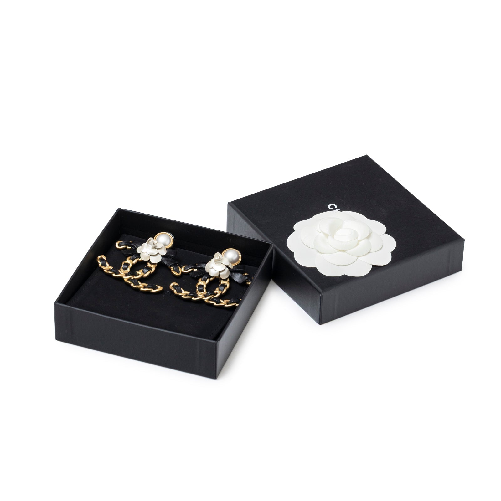 Chanel Black Bow With Camellia CC Earrings Gold Hardware