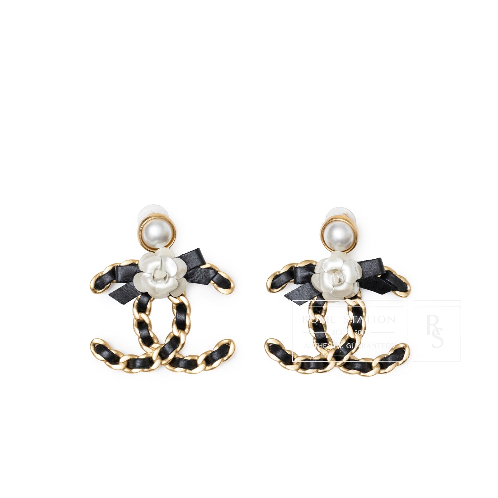 Chanel Black Bow With Camellia CC Earrings Gold Hardware