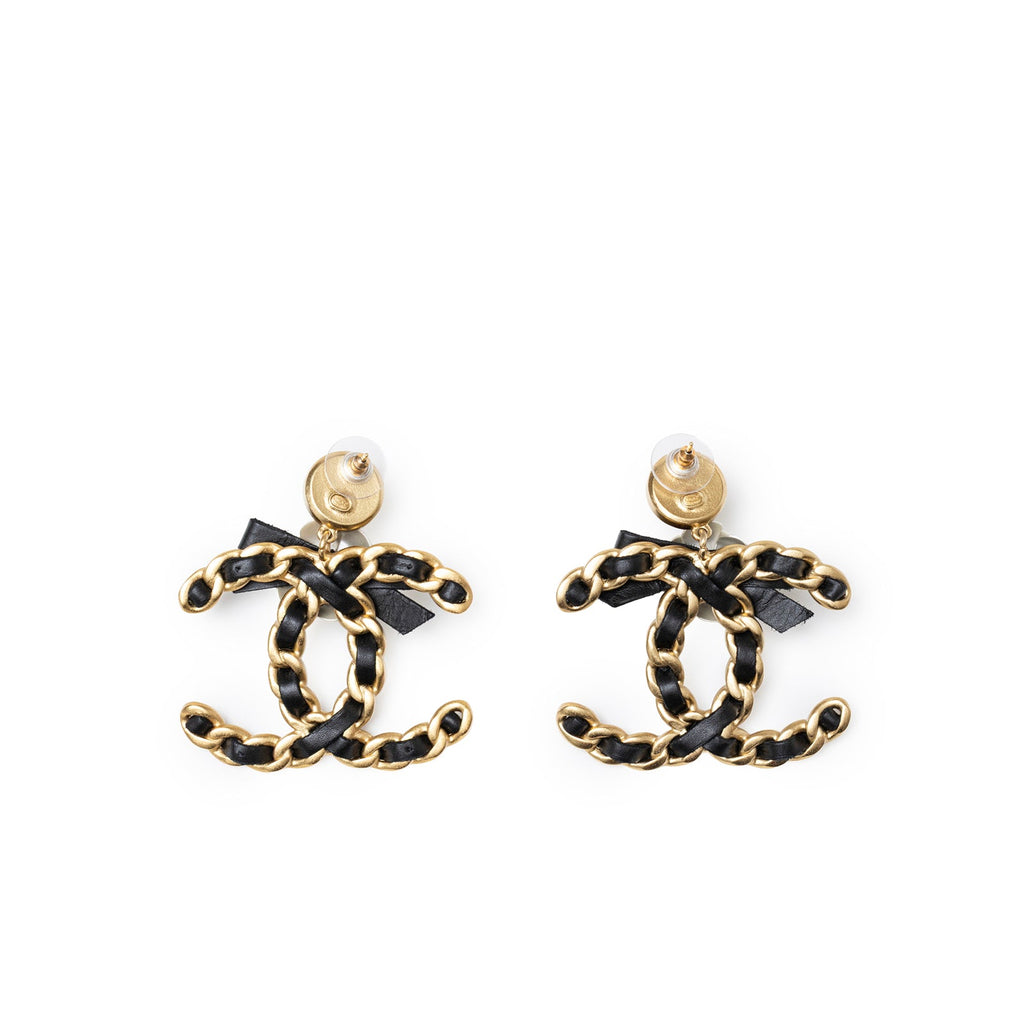 Chanel Black Bow With Camellia CC Earrings Gold Hardware