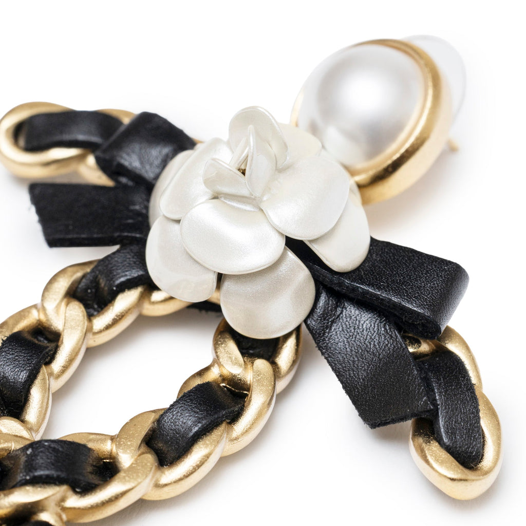 Chanel Black Bow With Camellia CC Earrings Gold Hardware